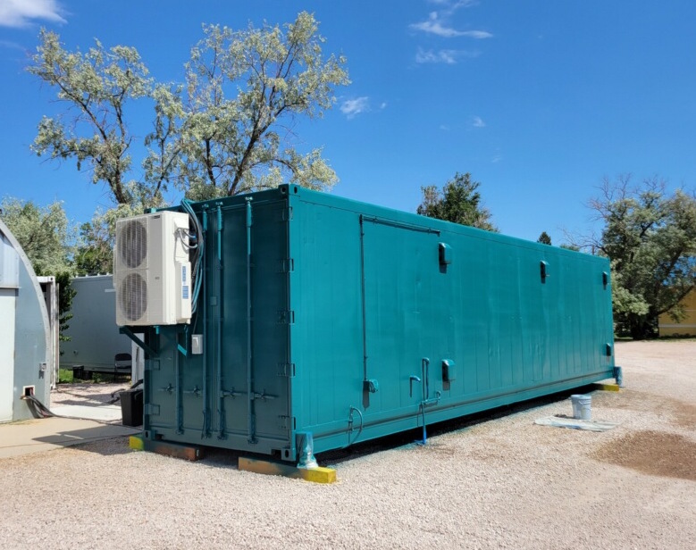 An exterior view of a shipping container farm